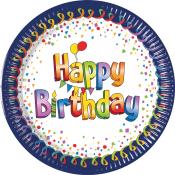 Pappteller mit buntem Aufdruck. Text: 'Happy Birthday'. Umrandung in Blau, mit Konfetti und Luftballons.