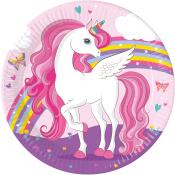 Pappteller mit einem weißen Einhorn. Das Einhorn hat eine pinke Mähne und einen Regenbogen im Hintergrund.