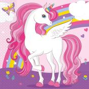 Ein weißes Einhorn mit pinker Mähne und buntem Horn. Es hat Flügel und steht vor einem bunten Regenbogen.