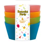 Vier wiederverwendbare Schalen in verschiedenen Farben: rot, orange, grün und blau. Verpackt mit buntem Design und dem Schriftzug 'Decorata Party'.