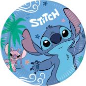 Pappteller mit buntem Design. Abgebildet sind die Charaktere Stitch und ein rosa Wesen auf blauem Hintergrund.