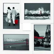 Vier Bilder in weißen Rahmen. Oben links: Paar mit roter Tasche, schwarz-weiß. Oben rechts: Leuchtturm mit Wellen, schwarz-weiß. Unten links: Rote Brücke über Wasser, schwarz-weiß. Unten rechts: Café mit roten Schirmen, schwarz-weiß.