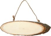 Holzschild in ovaler Form. Unbehandelte Holzoberfläche, natürliche Rinde am Rand. Mit Schnur zum Aufhängen.