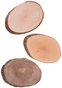Drei Holzscheiben in verschiedenen Größen. Die Oberflächen sind glatt und zeigen die Jahresringe.