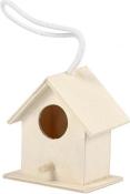 Kleines, weißes Vogelhaus aus Holz. Hat ein rundes Loch und eine Aufhängeschnur.