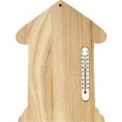 Holzthermometer in Form eines Hauses. Skala von 0 bis 50 Grad Celsius.