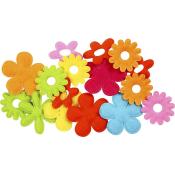Bunte Filzblumen in verschiedenen Farben. Blumenformen mit und ohne Löcher.