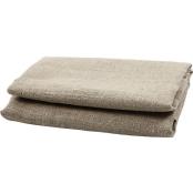 zwei gefaltete, beige Leinenstoffe. Grobe Textur, schlicht und unifarben.
