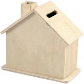 Holzspardose in Form eines Hauses. Hat ein Dach und einen Schornstein.