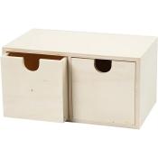 Holzbox mit zwei Schubladen. Eine Schublade ist kleiner und hat eine Aussparung.