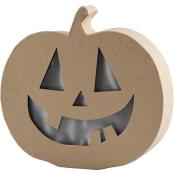 Papp-Halloweenkürbis mit lächelndem Gesicht. Die Augen und der Mund sind ausgeschnitten.