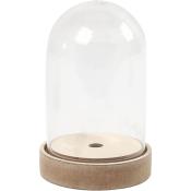 Glaskuppel auf einem Holzsockel. Die Kuppel ist transparent und gewölbt.