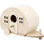 Holzspielzeug in Form eines Wohnwagens. Runde Form, zwei Fenster und eine Tür. Auf Rädern, unbemalt.
