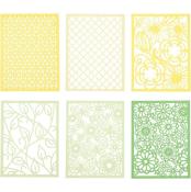 Sechs dekorative Papiermuster in verschiedenen Farben. Enthält florale und geometrische Designs.