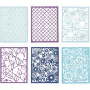 Sechs dekorative Schablonen in verschiedenen Farben. Muster mit Blumen, Blättern und geometrischen Formen.