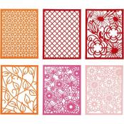 Sechs dekorative Papiermuster in verschiedenen Farben. Muster umfassen Blumen, Blätter und geometrische Formen.