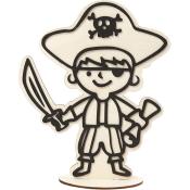 Holzfigur eines Piratenkindes mit Schwert und Augenklappe. Trägt einen Hut mit Totenkopf.