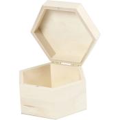 sechseckige, unbemalte Holzbox mit Scharnier. Offene Oberseite, innen leer. Natürliche Holzfarbe.