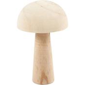 Holzfigur in Form eines Pilzes. Der Hut ist rund und die Stiele sind schmal.