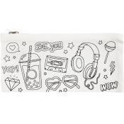 weiße Federtasche mit schwarz-weißen Zeichnungen. Motive: Getränk, Kassettenrekorder, Kopfhörer, Herzbrille, Diamant, Sterne, Sprüche 'BE you', 'yay!', 'WOW!'.