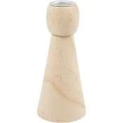 Holzkerzenhalter in konischer Form. Helle Holzfarbe mit einer Metallfassung oben.