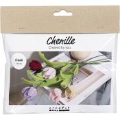 Set mit fünf Chenille-Blumen in verschiedenen Farben. Verpackt in einer transparenten Tüte.