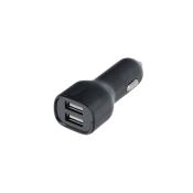 schwarzer USB-Autoladegerät mit zwei USB-Anschlüssen. Kompakt und einfach zu bedienen.