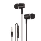 Schwarze In-Ear-Kopfhörer mit einem Kabel und einer Fernbedienung. Der Stecker ist 3,5 mm.