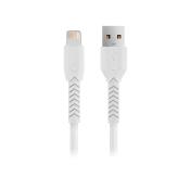 Weißes USB-Kabel mit einem Lightning-Anschluss auf der einen Seite und einem USB-Anschluss auf der anderen Seite. Die Kabeloberfläche hat eine strukturierte Rille.