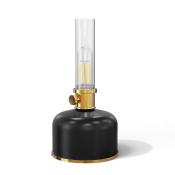 Schwarze Tischlampe mit goldenem Sockel. Der obere Teil ist aus klarem Glas.