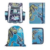 Schulrucksack mit Dinosaurier-Motiven in Blau und Schwarz. Enthält eine Sporttasche, ein Notizbuch und eine Geldbörse.