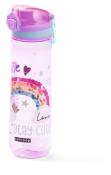Wasserflasche in lila mit buntem Regenbogen und Sternen. Aufschrift 'stay cute' und 'love'.