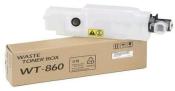 Transparente Abfalltonerbox, Modell WT-860. Verpackung in brauner Kartonbox. Warnhinweise auf der Box.