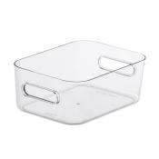 Transparente Aufbewahrungsbox mit rechteckiger Form. Zwei seitliche Griffe zum Tragen.