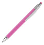 pinkfarbener Kugelschreiber mit silberner Kappe und Clip. Gummierte Oberfläche für besseren Halt. Spitze mit einer kleinen pinken Kappe.