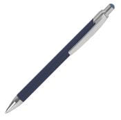 blauer Kugelschreiber mit silberner Kappe. Die Oberfläche ist matt.