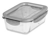 Rechteckige, transparente Aufbewahrungsbox mit einem grauen Deckel. Klippverschluss an den Seiten. Ideal für Lebensmittel.