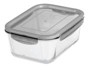 Rechteckige Glasaufbewahrungsbox mit transparentem Deckel. Die Box hat zwei seitliche Verschlüsse.