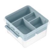 Transparente Aufbewahrungsbox mit grauem Deckel. Unterteilt in mehrere Fächer.