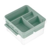 Quadratische Aufbewahrungsbox in transparentem Design mit grünem Deckel. Sie hat mehrere Fächer zur Organisation.