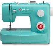 Türkise Nähmaschine mit dem Namen Singer Simple. Einfache Bedienung mit verschiedenen Einstellrädern.