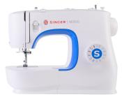 Nähmaschine in weiß mit blauen Akzenten. Modell Singer M3205.