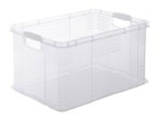 Transparente Kunststoffbox mit rechteckiger Form. Hat zwei seitliche Griffe zum Tragen.