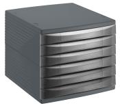 grauer quadratischer Behälter mit horizontalen Rillen. Kompakte Form, stabil und schlicht.