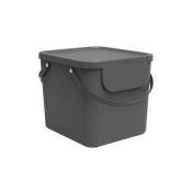 Graue, quadratische Aufbewahrungsbox mit Deckel. Hat einen Tragegriff.