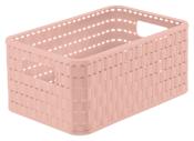 Rosa Aufbewahrungskorb aus Kunststoff mit zwei Griffen. Geflochtene Optik und rechteckige Form.