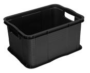 schwarze Kunststoffbox, rechteckig, mit zwei seitlichen Griffen. Hohe Wände, stabil und robust.