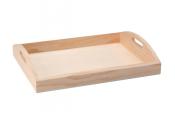 Holztablett mit zwei Griffen. Flache Oberfläche, helles Holz.