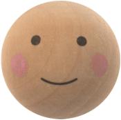 Runder Holzgegenstand mit lächelndem Gesicht. Rosa Wangen und schwarze Augen.