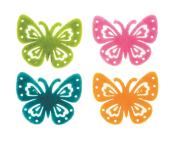 Vier bunte Schmetterlinge in verschiedenen Farben. Grün, pink, türkis und orange.